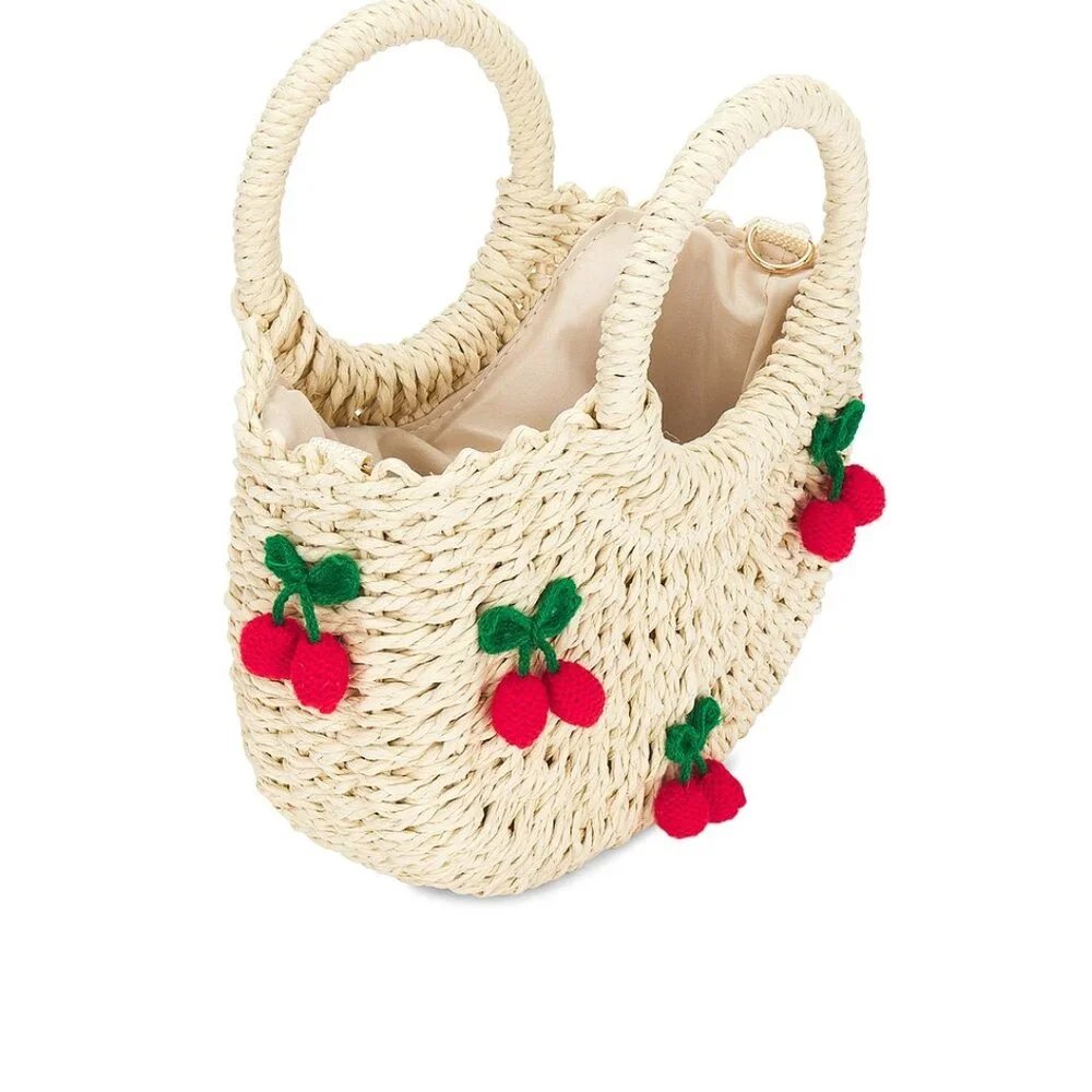 NWT Cute CHERRIES Straw bag with shoulder Strap - Picture 5 of 8